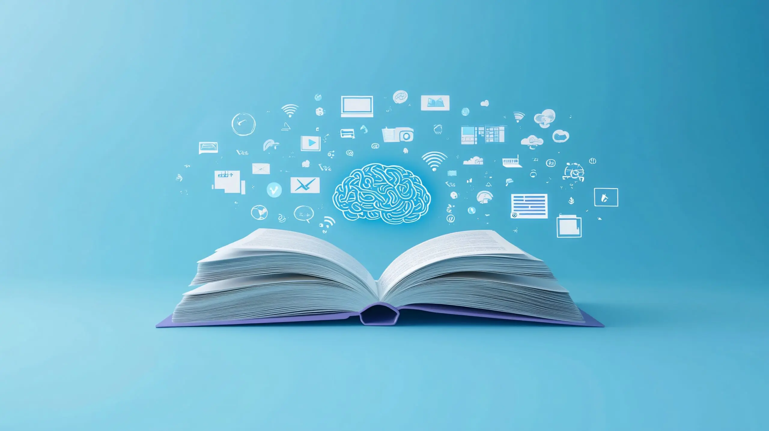 Rendered image of an open book with digital icons floating above a brain illustration, representing learning and knowledge